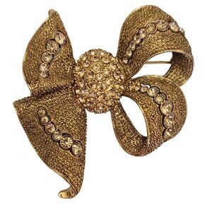 Joan Rivers Gold Tone Yellow Rhinestone Bow Brooch, Signed M739